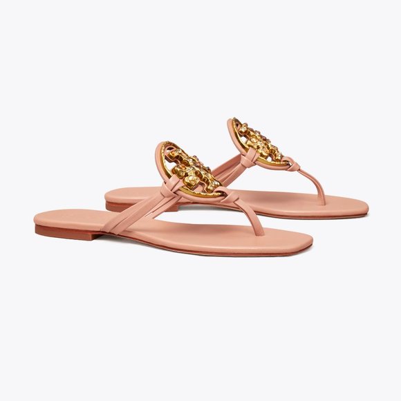Tory Burch Miller Jeweled Leather Thong Sandals Meadowsweet Peachy Pink - Picture 13 of 14